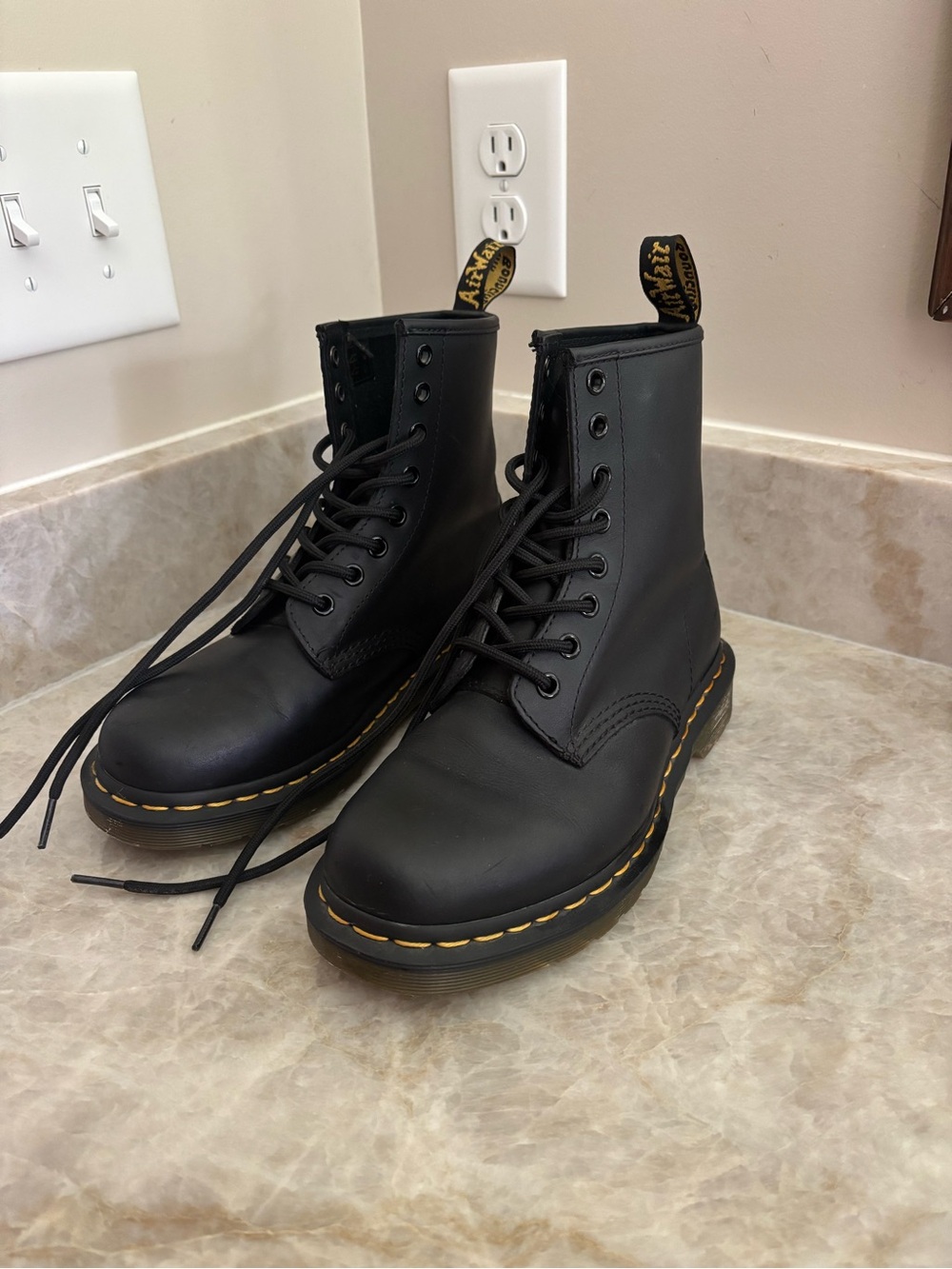 Dr. Martens Black 8-Eye Leather Lace-Up Boots with Yellow Stitching